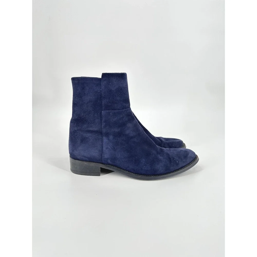 Stuart Weitzman 5050 Navy Blue Suede Ankle Boots 10M Low Block Heel Made Spain
